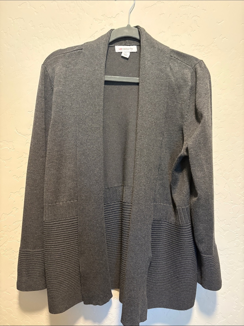 Liz Claiborne Dark Gray Open-Front Ribbed-Hem Cardigan